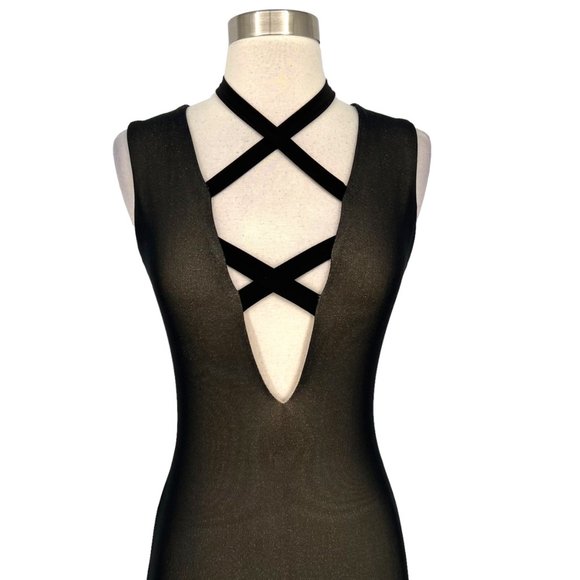 Cefian Metallic Mesh Bodycon Strappy Dress Black Gold Size Large NWT - Picture 3 of 9